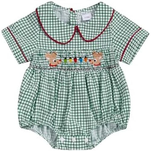 GOOCHEER Infant Baby Boy Girl Christmas Outfit Romper Collared Plaid Short Sleeve Bodysuit Smocked Bubble Clothes