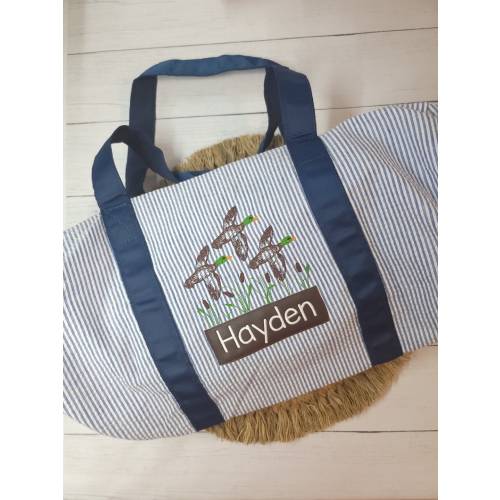 Seersucker duffel bag, overnight bag, personalized bag, boy birthday gift