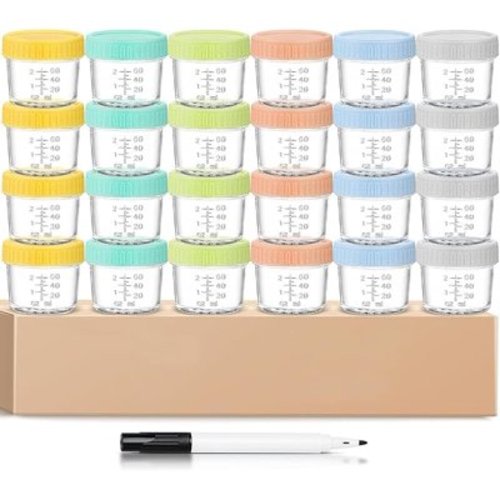 Yazoni 24 Pack Glass Baby Food Storage Containers, 4oz Baby Food Jars with a Marker Pen, Small Containers Freezer Storage with Airtight Lids Leak Proof for Baby Food