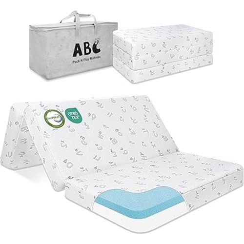 Pack and Play Mattress Trifold- 38"x26" Pack N Play Mattresses Pad with Breathable Removable Cover - Dual-Sided Memory Foam Foldable Portable Travel Baby Crib Mattress