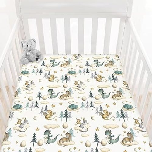 HawSkgFub Watercolor Cute Dragon Fairy Tale Fitted Standard Crib Sheet Baby Boy, Cloud Moon Star Dragons Egg Toddler Mattress Cover, Soft Breathable Stretchy Nursery Bed Sheets Decor Gift 52" x 28"