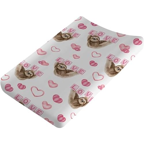 Baby Sloth Love Hearts Changing Pad Covers for Girls 32''x16'' Baby's First Valentine's Day Animals Unisex Fitted Change Table Pad Covers Comfort Soft Breathable Baby Diaper Changing Table Mats