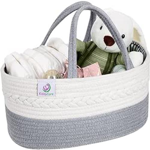 KiddyCare Diaper Caddy Organizer for Baby Nursery Basket with Handle Lid | Gray Large