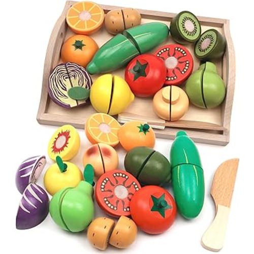 Wooden Cutting Fruit Vegetables Set for Kids - Pretend Play Food Toy Set with Wooden Knife and Tray Learning Toys for Toddlers (Fruit-E)