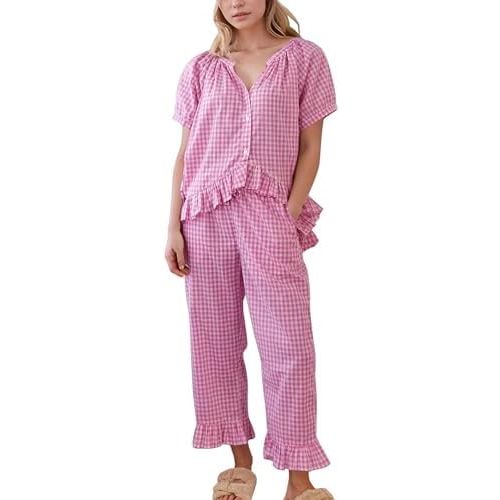 Womens 2 Piece Gingham Pajamas Set Cute Plaid Pjs Cotton Short Sleeve Babydoll Shirt Ruffle Pants Lounge Sets