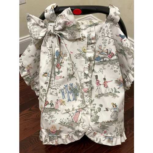 Nursery Rhyme Toile Car Seat Canopy with Large Bow and Ruffle, Monogrammed Car Seat Tent, Personalized Baby Shower Gift