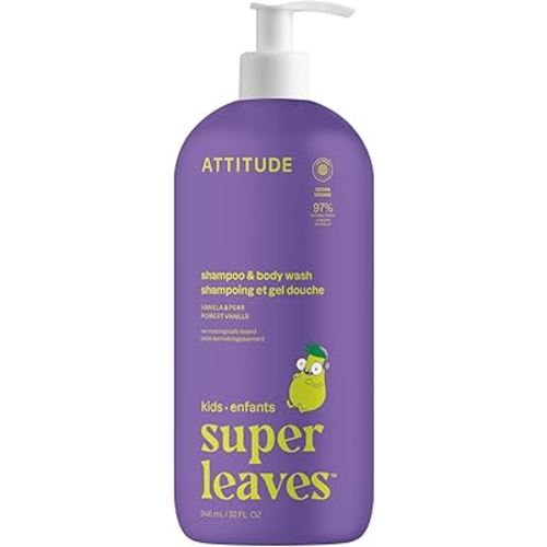 ATTITUDE Shampoo and Body Wash for Kids, EWG Verified Hair and Body Cleanser, Dermatologically Tested Soap, Plant and Mineral Based Bath Products, Vegan, Vanilla and Pear, 32 Fl Oz