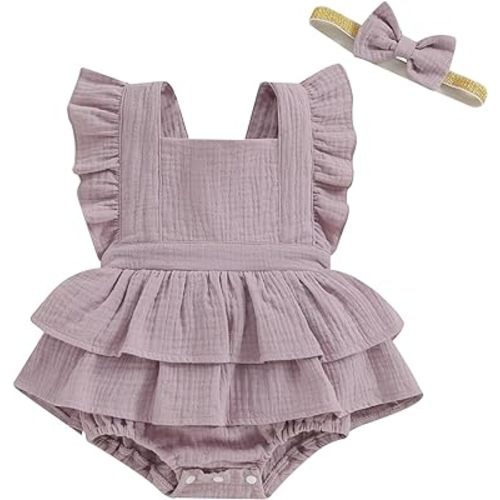 MERSARIPHY Newborn Baby Girl Summer Outfit Linen Ruffle Bubble Romper Dress One Piece Bodysuit Jumpsuit Infant Summer Clothes