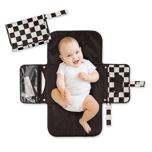 Tiny Twinkle Portable Diaper Changing Pad, Foldable Waterproof Baby Change Pad for Newborn Girl & Boy with Smart Wipes Pocket (Black Checkers)