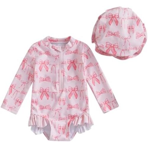 Baby Girl Swimsuit Baby Girls Long Sleeve One Piece Swimsuit Romper with Hat Bathing Suit Beach Rash Guard