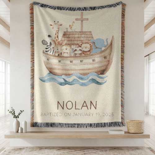 Personalized Baptism Baby Blanket, Baptism Christening Blanket for Boy, Woven Baby Blanket, Noah's Ark Baptism, Noah's Ark Baby Gift