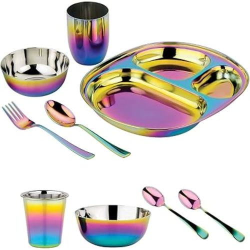 Ahimsa Stainless Steel Dine & Develop 9 Piece Dish Set | Divided Plate + 8 Ounce Cup + 4 Ounce Cup + 8 Ounce Bowl + Fork + Spoon + 2 Baby Spoons | Toddler Dishware | 100% BPA Free (Rainbow)