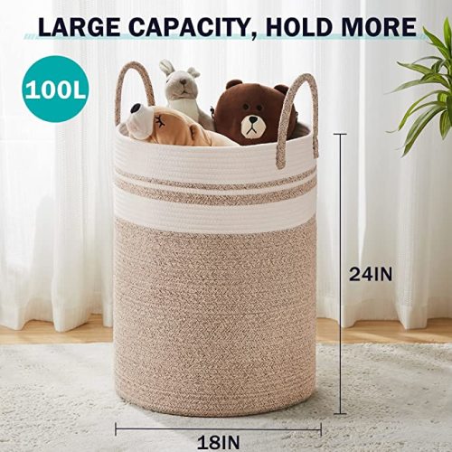 Woven Rope Laundry Hamper Basket, 100L Tall Laundry Basket, Baby Nursery Hamper for Blanket Storage, Clothes Hamper for Laundry in Bedroom-Extra Large-Brown - Extra(100L)