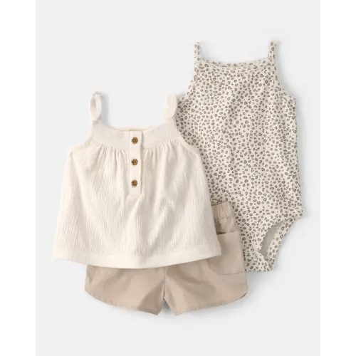 Baby Girl 3-Piece Cheetah Top, Bodysuit & Short Set - Khaki/Ivory | Carter's