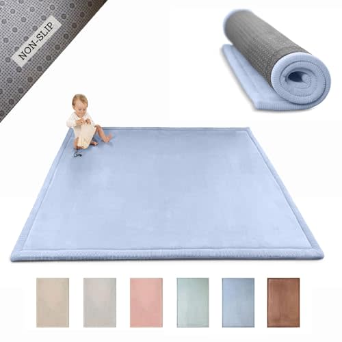 Hakuna Matte CloudSoft Baby Play Mat for Floor 60" x 80" Blue – Coral Velvet Memory Foam Rug for Crawling & Cozy Play – Non-Slip, Water-Resistant, Easy-CareTummy Time Mat, Playmat for Playpen