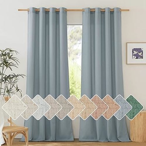 NICETOWN Linen Blend Textured Living Room Curtains, Grommet Top Thick Flax Semi Sheer Vertical Drapes Privacy Assured with Light Filtering for Bedroom, Stone Blue, W55 x L84, 2 Pieces