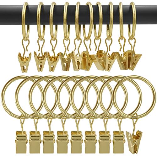 AMZSEVEN 90 Pack Curtain Rings with Clips, Drapery Clips with Rings, Drapes Rings 1.26 in Interior Diameter, Fits up to 1 in Curtain Rod, Gold Color