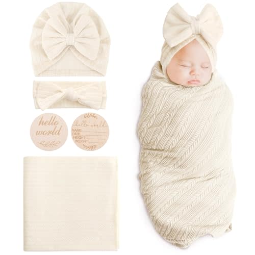 DRESHOW BQUBO Baby Swaddle Blankets for Girls, 4PCS Newborn Accessories Set with Matching Hat and Bow Headband with Hello World Wooden Birth Announcement Card