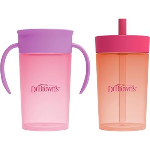 Dr. Brown's Milestones Straw to 360° Cup Set, Convertible Toddler Training Cup Set with Interchangeable Silicone Straw and 360 Degree Cup Lids, Pink Coral, 10 oz/300 mL, BPA Free, 9m+, 2 Pack