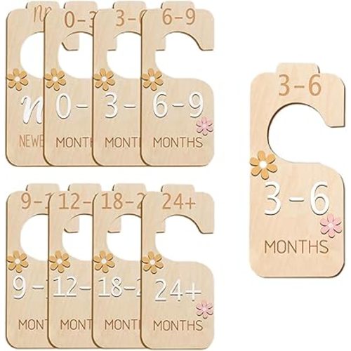 Wooden Baby Closet Dividers, 8 Pack Newborn Wardrobe Baby Closet Organizer Cloth Sorting Tags Organizers, Double-Sided Babys Clothes Size Hanger Organizer from Newborn to 24 Month