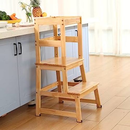 Step Stool for Kids with Safety Rail,Solid Wood Construction Learning Tower, Montessori Toddlers Kitchen Stool (Natural)