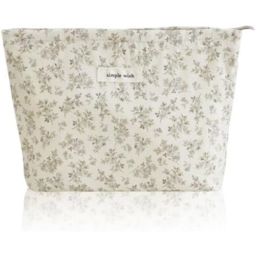 Wudygirl Cute Makeup Bag for Women - Travel Cosmetic Bag with Zipper Makeup Pouch Floral Make up Organizer Handbag Aesthetic (Khaki Floral)