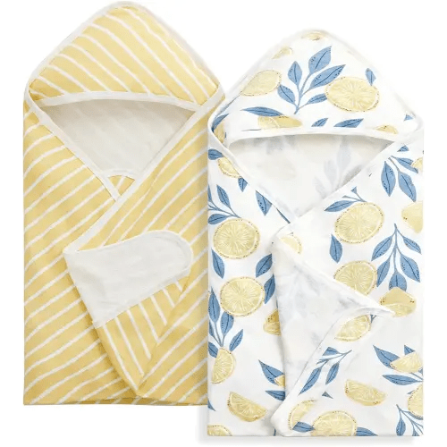 Momcozy Baby Hooded Towel, 2 PackBaby Towel Set, Super Soft Bath Towel with Original Design, Shower Gifts for Infant, Toddler (28 X 28 Inch, Lemon Leaves)