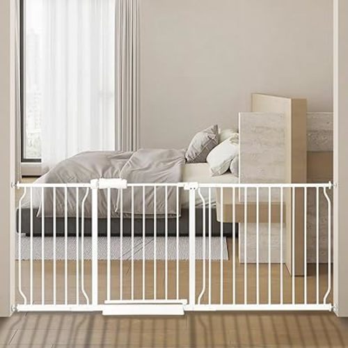 Extra Wide Baby Gate 71.65-76.38 Pressure Mounted,Child Dog Pet Safety Gates with Walk Through Door for Doorways Stairs No Drilling in Door,White