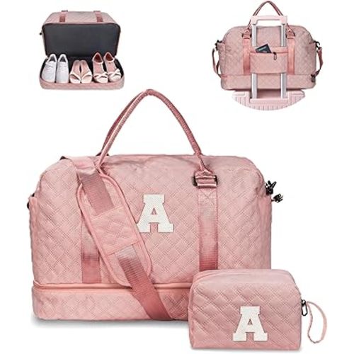 Vogewood Women Gift-Birthday Gifts, Initial Duffle Bags with Shoe Compartment, Girls Weekender Bag, Overnight Tote for Women, Travel Bag with Makeup Pouch (Letter A)