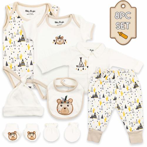 Baby Bright Newborn Baby Boy Clothes Essentials Shower Gift Set - 8 Pieces, 0-3 Months