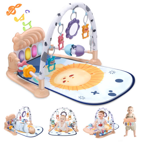 Vomeast Baby Gym, Baby Gyms Play Mats with Security Guardrail and Sensory Toys, Kick and Piano Gym for Newborn Babies 0-36 Months, Apricot
