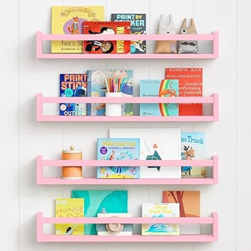 Forbena Large Kids Bookshelves for Girls Room Set of 4, Floating Book Shelves for Baby Girl Nursery Wall Deocr, 24 Inches Long Wall Mounted Bookshelf for Toddler Kid Child Teens Bedroom (Pink)