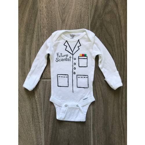 FUTURE SCIENTIST lab coat onesie, handpainted organic cotton baby bodysuit