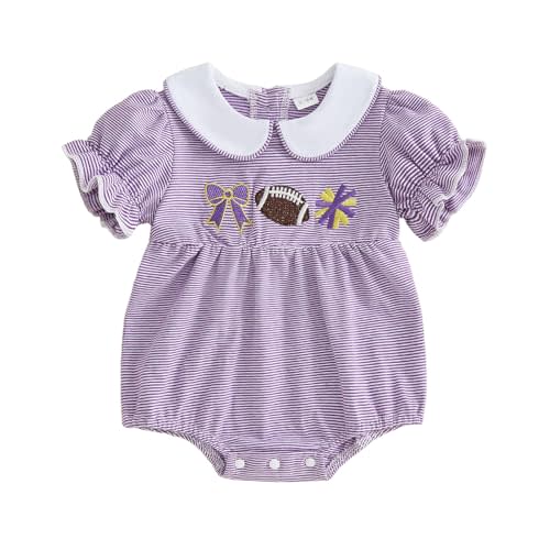 Newborn Baby Girl Clothes Football Embroidery Striped Puff Short Sleeve Jumpsuit Rugby Smocked Bubble Outfit