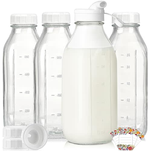 Liter Glass Milk Bottles w Pour Spout, 100% Airtight Heavy Duty Screw Lid - 4 Pack 32 Oz Drinking Jars w Lids - Glass Bottles for Milk, Honey, Jam - Dishwasher Safe(Extra 2 Lids and Stickers)