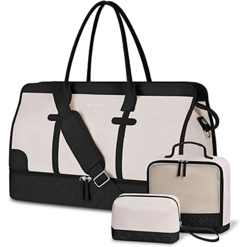 ETRONIK Weekender Overnight Bag for Women, Large Travel Duffle Bag with Shoe Compartment & Wet Pocket, Carry On Tote Bag Gym Duffel Bag with Toiletry Bag, 3 Pcs Set, XL Size, Beige&Black