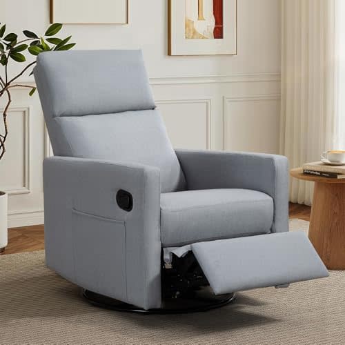 LONWIK Swivel Rocker Recliner Chair, Upholstered Fabric Nursery Rocking Glider Chair with Adjustable Backrest and Footrest, Lay Flat Recliner Single Lazy Sofa for Living Room(Gray)