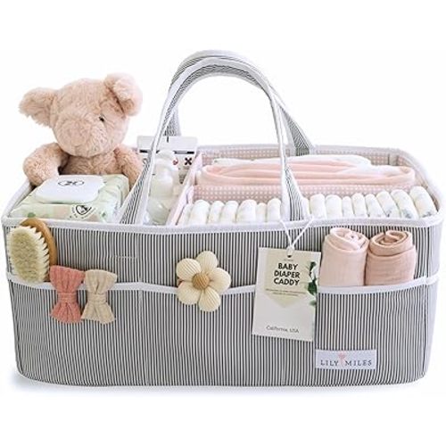 Lily Miles Baby Diaper Caddy - Organizer Tote Bag for Baby Girl Essentials - Baby Shower Basket - Nursery Must Haves - Registry Favorites - Newborn Caddie Car Travel - Gray/Blush, Extra Large