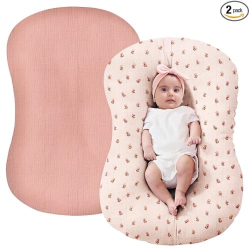 Muslin Baby Lounger Cover Only Compatible with Snuggle Me Lounger, Infant Lounger Pillow Cover for Newborn, Removable Newborn Lounger Cover for Boys and Girls, Only Cover, Pink&Pink Flower