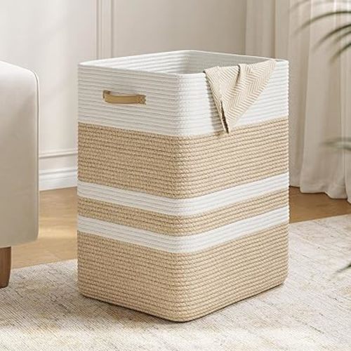 87L Laundry Hamper,Laundry Basket with Leather Handles,Woven Storage Basket for Toys,Pillows,Blankets,Clothes,Brown&White