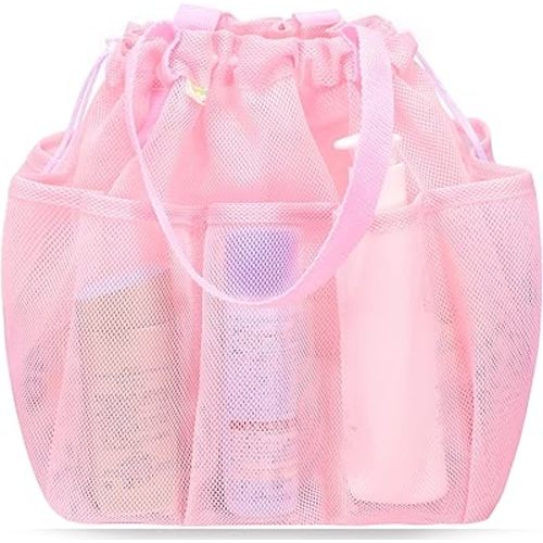 Mesh Shower Caddy Portable with Drawstring, Dorm Room Essentials for College Students Girls, Large Shower Bag for Camping,Swimming,Gym,Travel,Bathroom - Pink