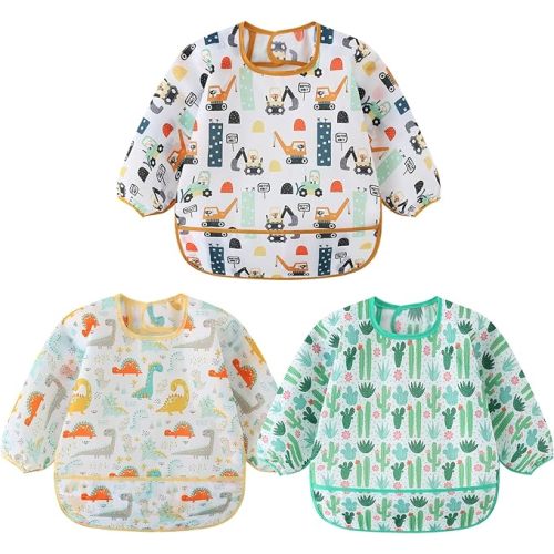 HaimoBurg 3 Pcs Waterproof Long Sleeves Baby Bibs Weaning Smock Bib 3-24 Months - Cactus/Dinosauer/Digger
