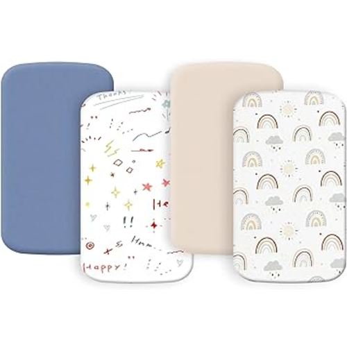4 Pack Bassinet Sheets 19" x 33", Compatible with Baby Delight Beside Me Dreamer and Dream On Me Skylar/Lotus/Traveler Baby Bassinet, Soft and Skin-friendly, Blue and Color Rainbow