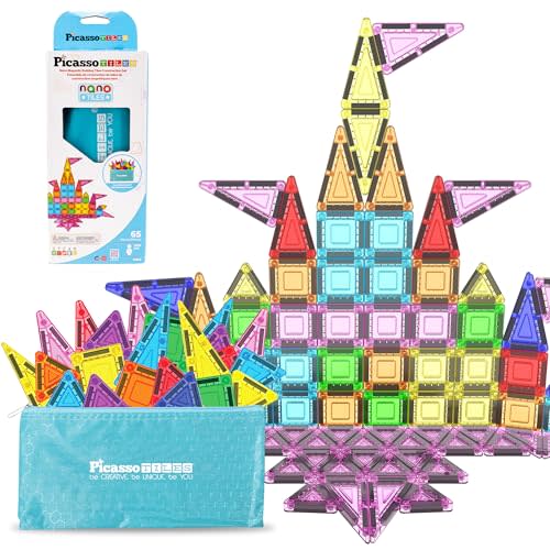 PicassoTiles 65 Piece Magnetic Tiles, STEM Travel Building Set for Kids 3+ | zipper carry pouch bag, portable miniature toy construction, educational Montessori learning, creative birthday gift present