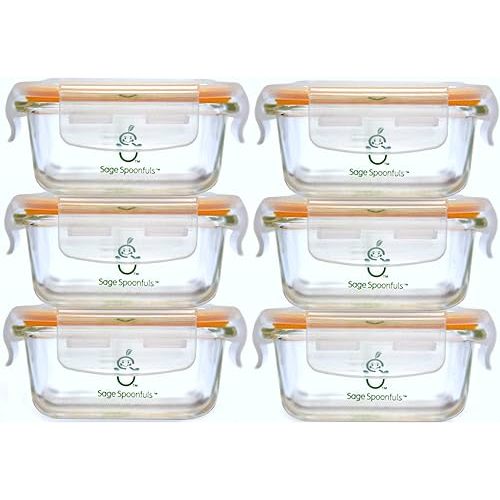 Sage Spoonfuls Borosilicate Glass Baby Food Containers with Lids - Durable and Airtight - Dishwasher, Oven, Microwave, & Fridge Safe - 24 Fl Oz, Pack of 6 - Clear