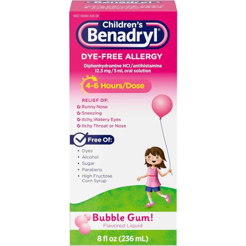 Benadryl Children's Dye-Free Allergy Relief Liquid + 12.5 mg Diphenhydramine HCl, Antihistamine Allergy Medicine for Kids Helps Relieve Runny Nose & Sneezing, Bubble Gum Flavor, 8 fl. oz