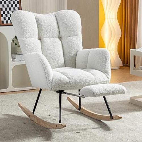 Rocking Chair with Foot Rest, Comfy Teddy Upholstered Nursery Glider Chair with High Back Side Pocket, Accent Rocker Arm Chair Sherpa Lounge Chair for Living Room Bedroom, Ivory