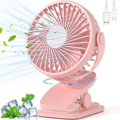 Portable Clip on Fan, 360° Rotate Battery Operated Stroller Fan, 3 Speed Quiet Mini Personal Desk Fan, USB Rechargeable Clooing Fan for Outdoor Camping Golf Cart Stroller Home Office Pink