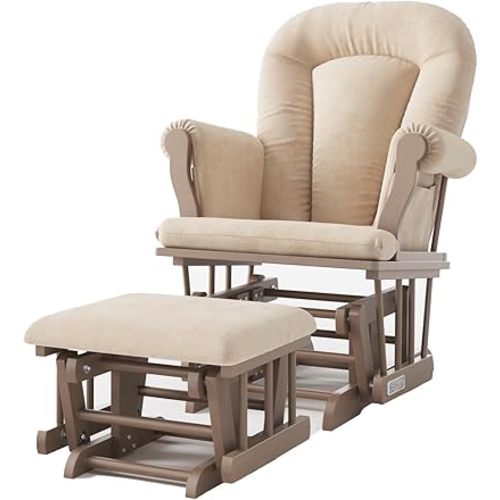 Child Craft Cozy Glider Rocker and Ottoman Set, Padded Cushion with Convenient Storage Pockets, Solid Wood Base & Frame (Dusty Heather with Beige Cushion)