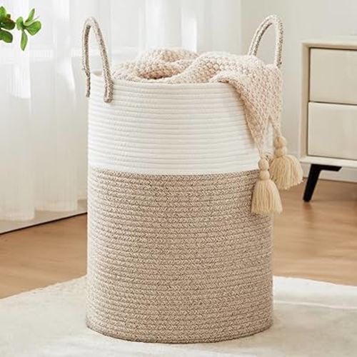 Cotton Rope Laundry Hamper by Fiona's magic, Tall Woven Laundry Basket Storage, Baby Nursery Hamper for Blankets, Toys and Clothes Hamper for Bedroom and Living Room Organizing, 58L, White & Brown